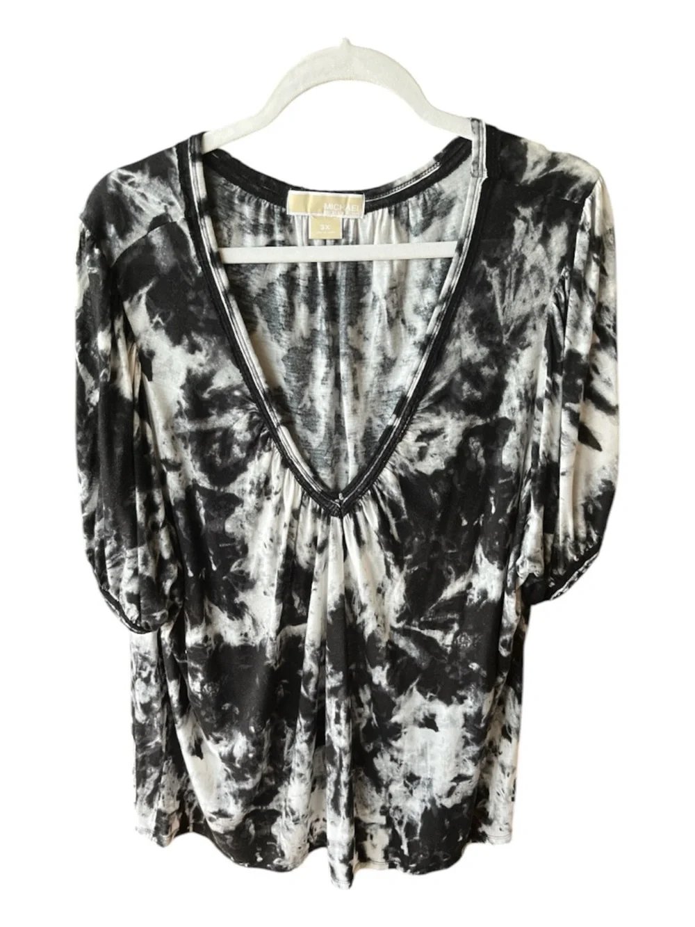Michael Michael Kors Black White Tie Dye V-Neck Puff Sleeve Top Plus Size 3X